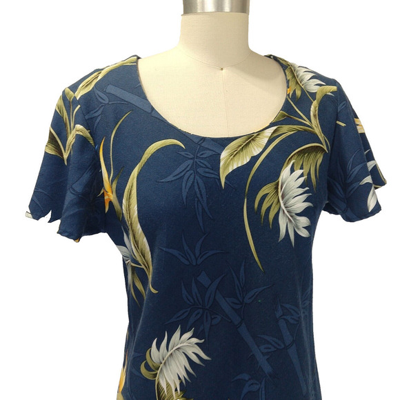 Paradise Found Hawaiian Print Dress Size L Short Sleeve Blue Vintage Rayon Shift - Picture 2 of 6